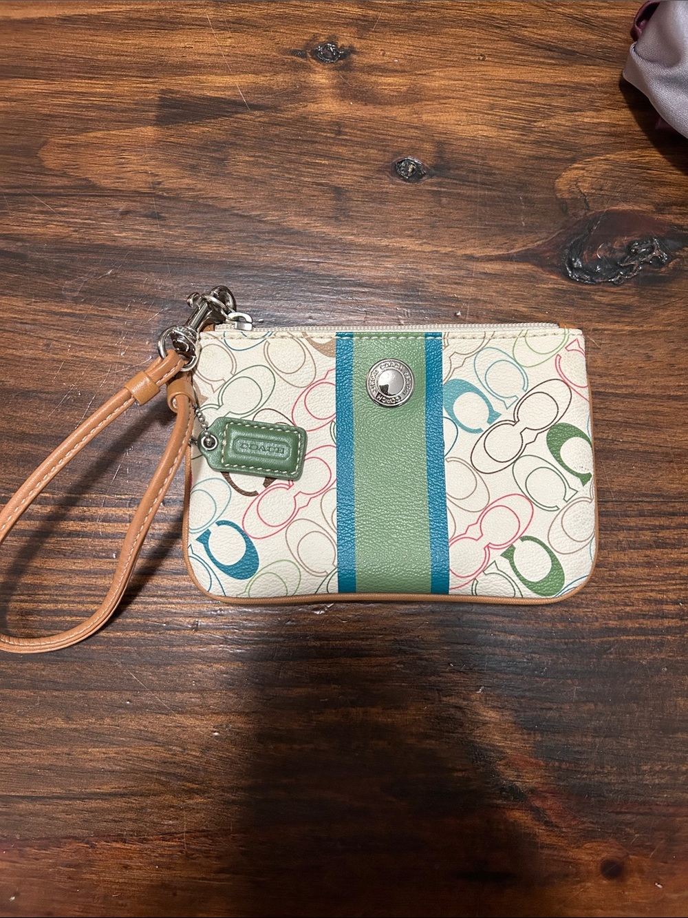 Coach Cream Multicolor Signature Wristlet with Teal and Green Stripe